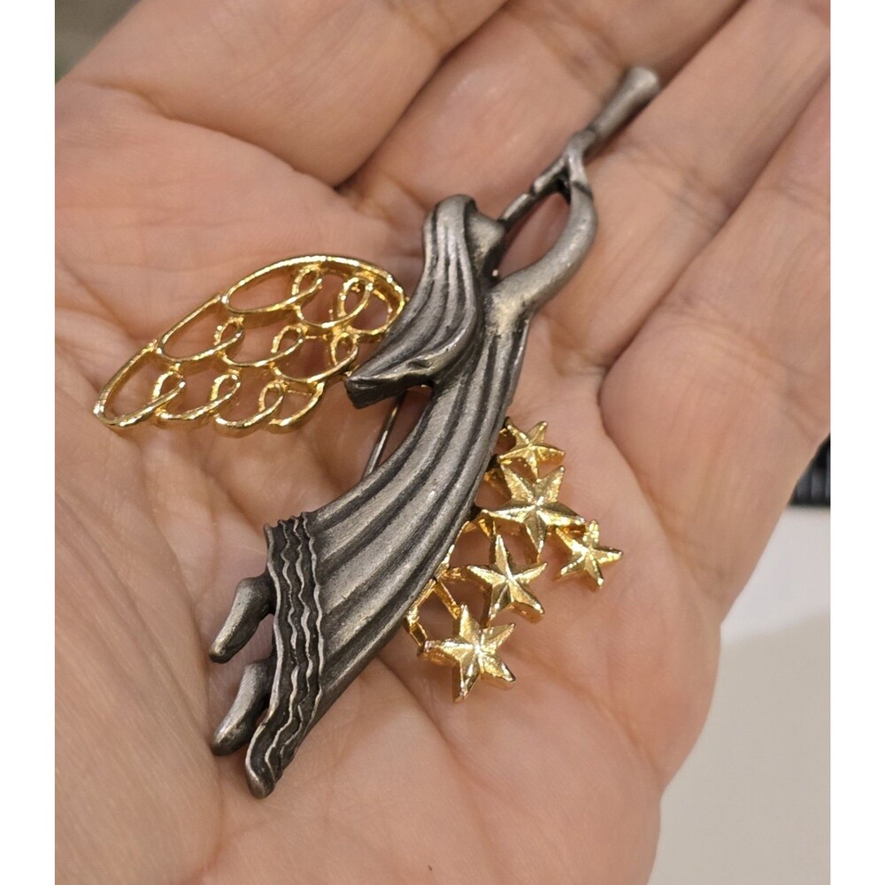 Vintage Angel Brooch Gold Tone Wing Dangling Stars Celestial Mixed Metal Pin